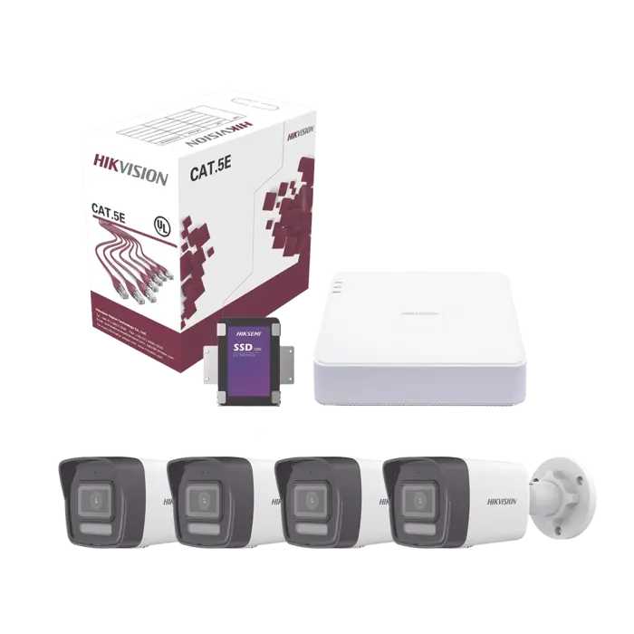 [KIT4MP/4B/1TB] Kit IP 4 Megapixel / NVR de 4 Canales con 4 Puertos PoE / 4 Cámaras IP Bala Dual Light (IR + Luz Blanca) con Microfono Integrado y ACUSENSE Lite para Exterior/ Bobina de Cable de 100 mts / SSD de 1 TB