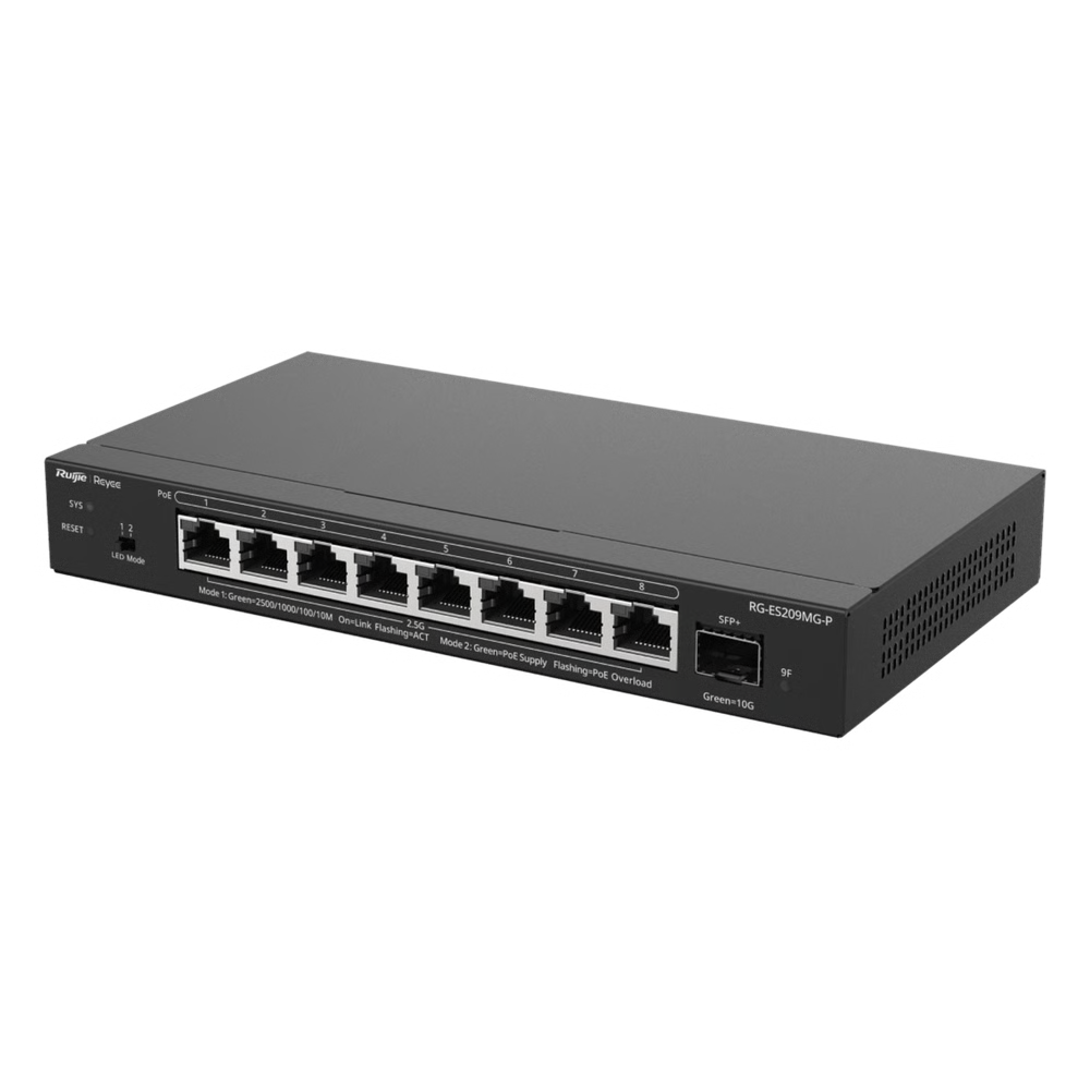 Switch Administrable Capa 2 PoE+ Multi-Gigabit 8 Puertos 2.5Gb + 1 SFP+ 10G Ruijie RG-ES209MG-P